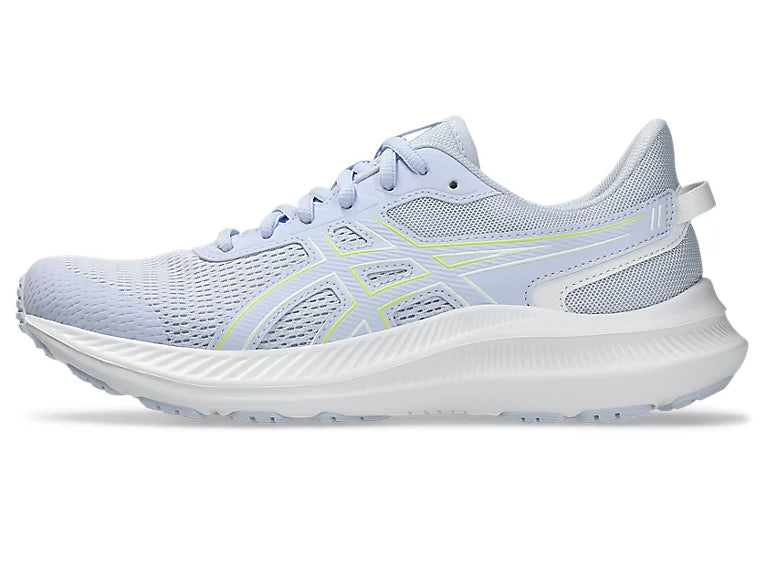 A light blue and white running shoe with lime green accents, shown from the side against a white background.