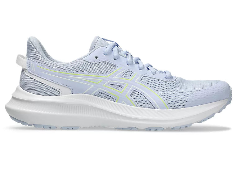 A light blue and white running shoe with a white midsole and subtle neon yellow-green accents on the side, shown against a plain white background.