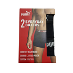 Puma 2 Everyday Boxers in a retail package, featuring a red and brown cardboard box with a model photo and a clear window showing black boxer briefs with white Puma branding.