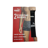 Puma 2-pair pack of everyday boxers in red packaging, showing one pair in gray and the other in black with white Puma branding.