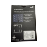 The back of a Puma Everyday Boxers product box, showing the size chart, barcode, and product details on a black background.