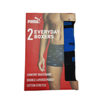 Puma 2 Everyday Boxers packaging box showing a model wearing gray patterned boxer briefs, with two pairs of boxer briefs hanging on the right side in blue and black.
