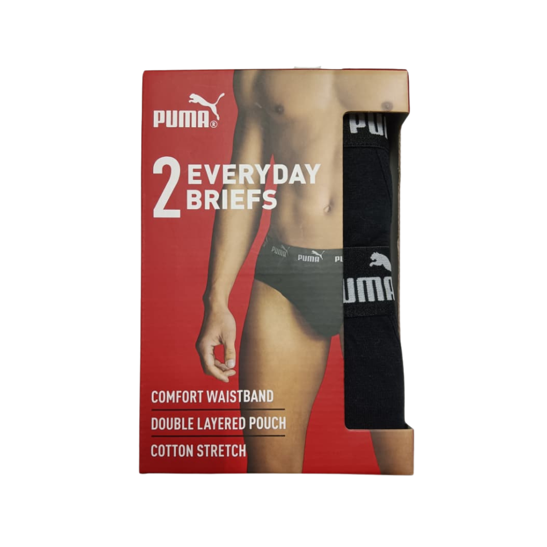 Puma 2 Everyday Briefs packaging box, featuring a red and brown design with a photo of a male model wearing black briefs, on a white background.