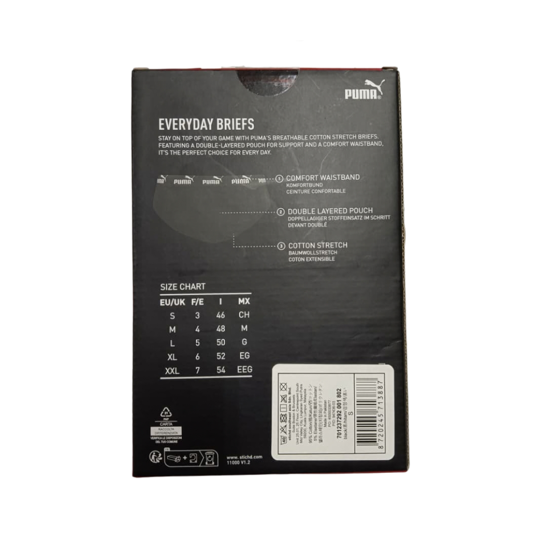 The back of a Puma Everyday Briefs shoebox, displaying the product's size chart in a tabular format from EU/UK to XXL, alongside feature icons and a barcode on a black background.