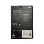 The back of a Puma Everyday Briefs shoebox, displaying the product's size chart in a tabular format from EU/UK to XXL, alongside feature icons and a barcode on a black background.