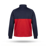 A long-sleeve quarter-zip athletic jacket shown from the back, featuring a navy blue upper section and sleeves with a contrasting red lower back panel, displayed on a clean white background.