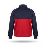 A long-sleeve quarter-zip athletic jacket shown from the back, featuring a navy blue upper section and sleeves with a contrasting red lower back panel, displayed on a clean white background.