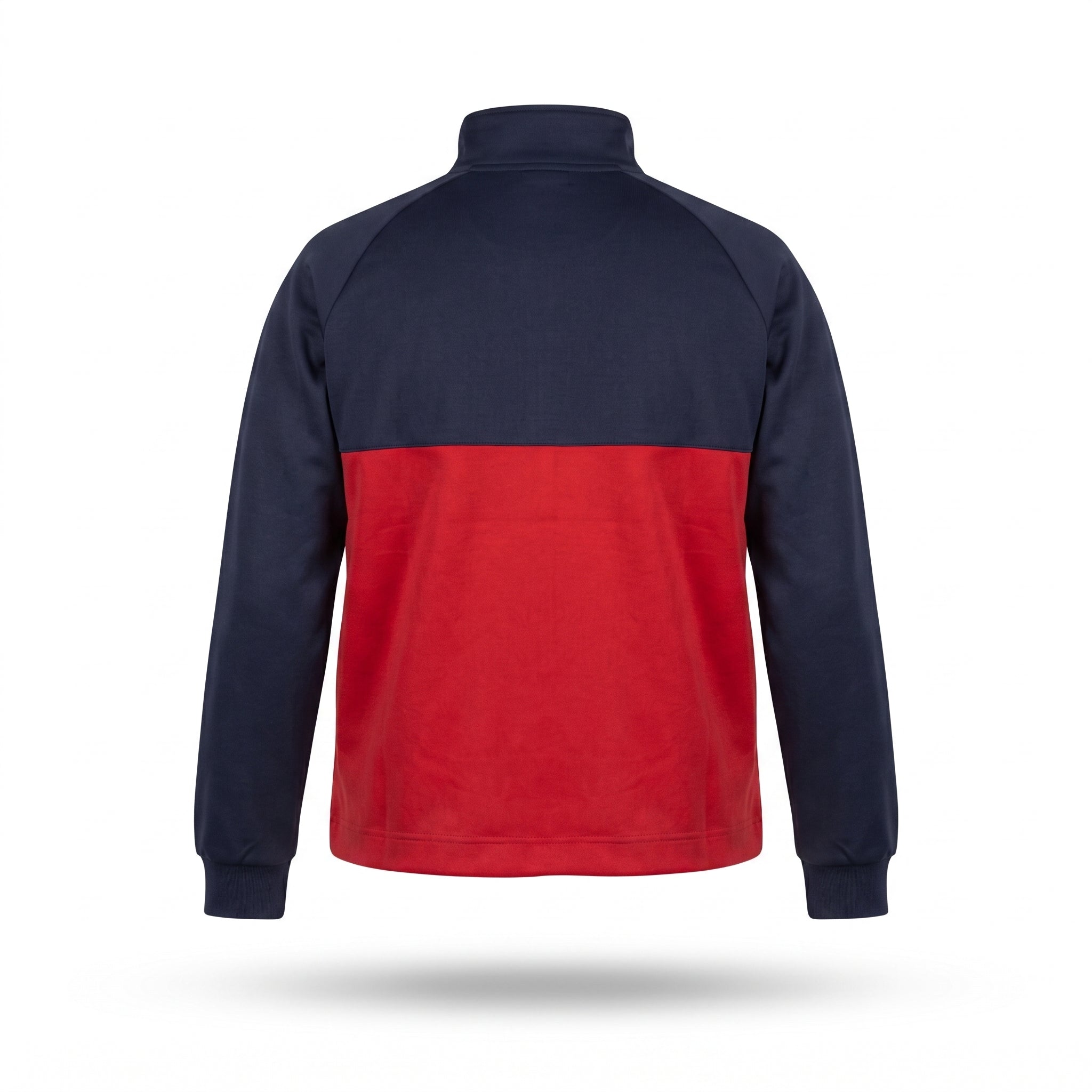 A long-sleeve quarter-zip athletic jacket shown from the back, featuring a navy blue upper section and sleeves with a contrasting red lower back panel, displayed on a clean white background.