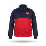 A colorblock zip-up track jacket with a navy blue upper section and sleeves, a red lower body panel, and a small red circular logo on the left chest, shown on a white background with a drop shadow.