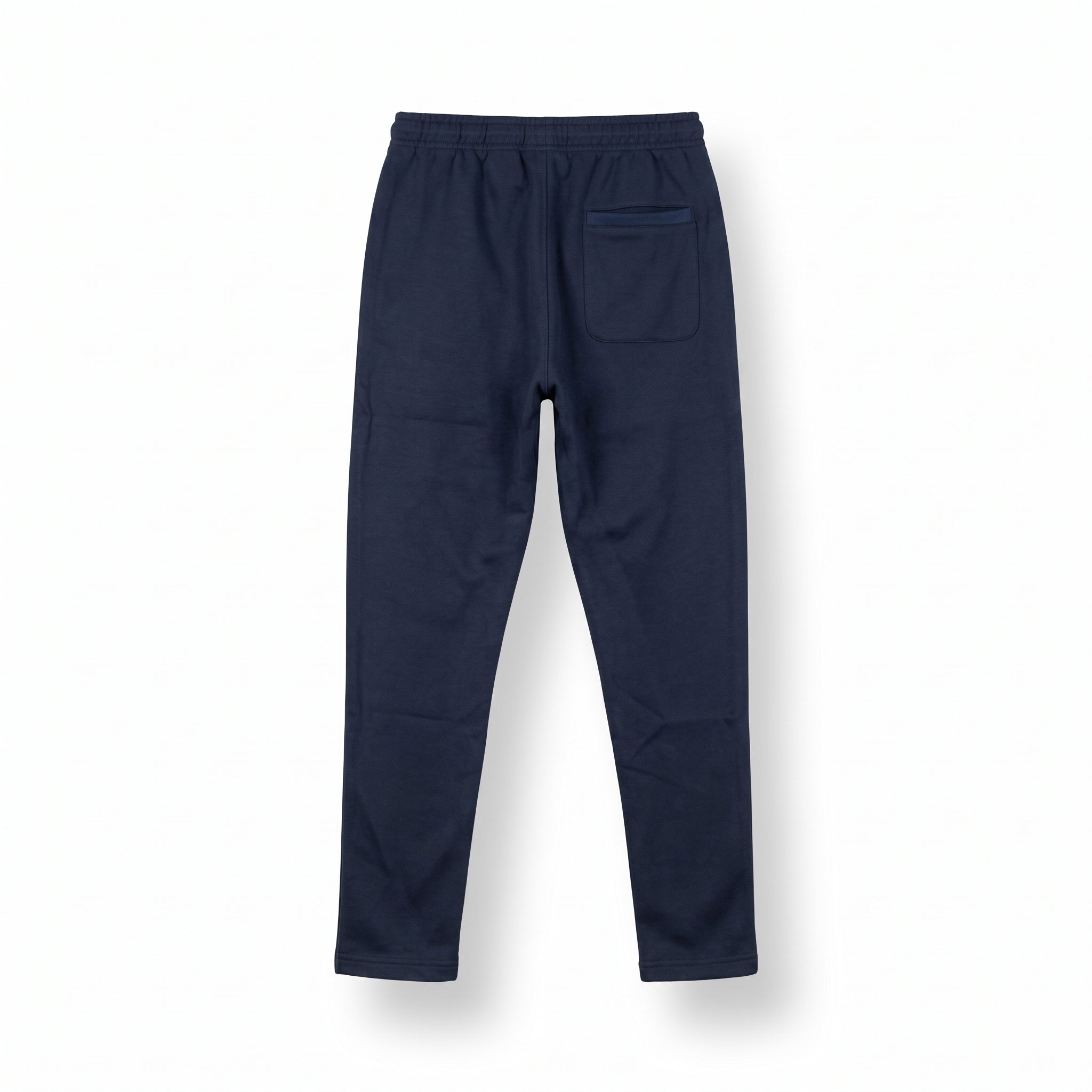 Navy blue tracksuit pants with a white logo on a light gray background