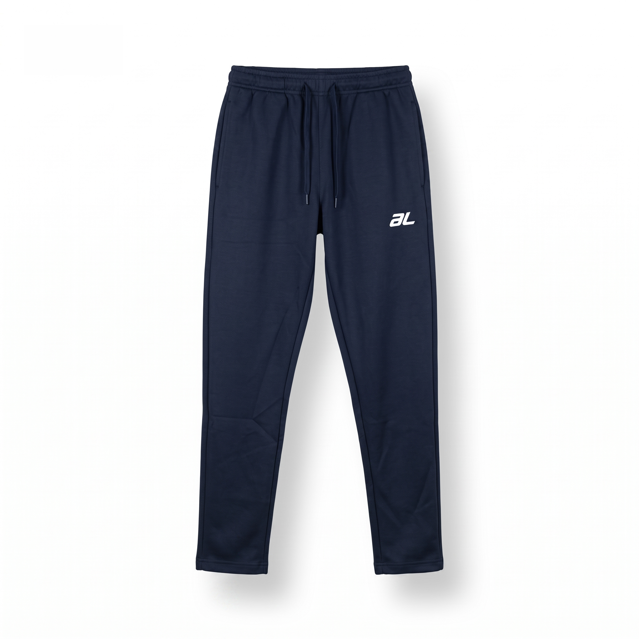 A pair of navy blue sweatpants with a white 'AL' logo on the left thigh, displayed against a clean white background.