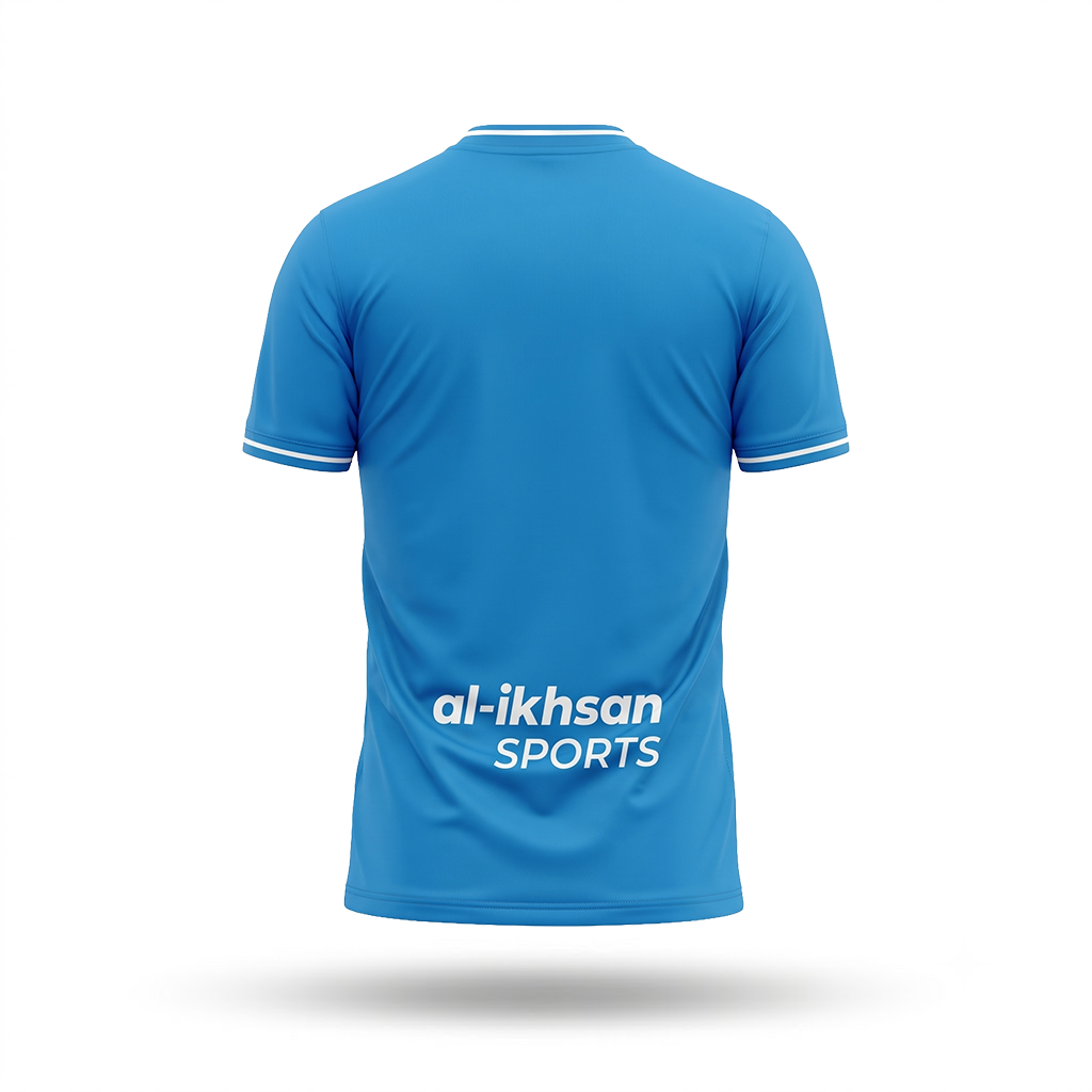 A bright blue short-sleeve athletic jersey shown from the back, featuring white trim on the collar and sleeve cuffs, with 'al-ikhsan SPORTS' printed in white across the lower back. The jersey is presented on a clean white background with a soft drop shadow.