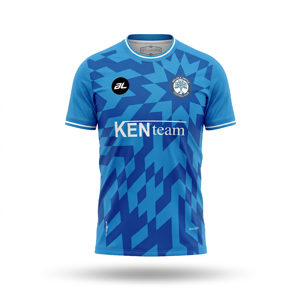 A blue short-sleeve soccer jersey with a geometric pattern, featuring 'KEN team' in white across the chest, a circular club crest on the left chest, and a black circular 'BL' logo on the right chest, shown against a plain white background.