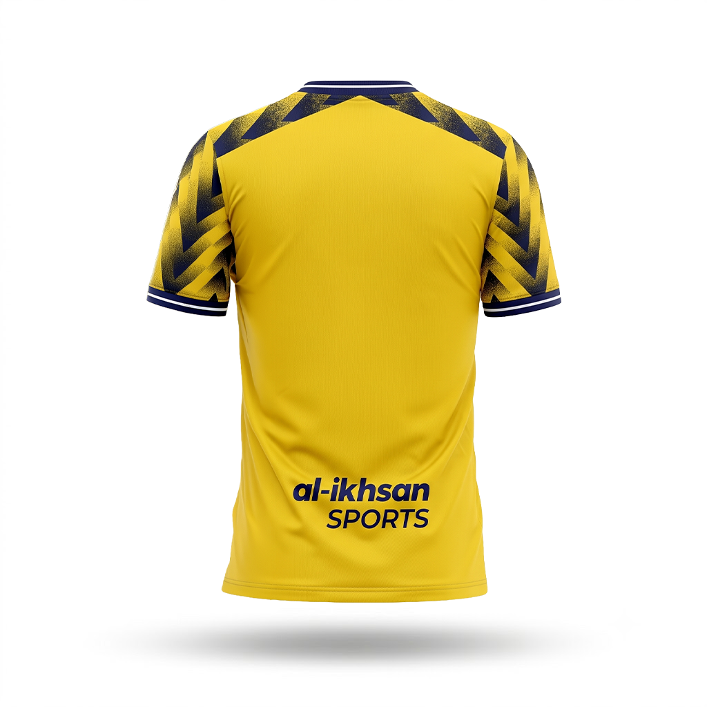 Yellow short-sleeve athletic jersey shown from the back, featuring a geometric navy and black pattern on the shoulders and sleeves, with 'al-ikhsan SPORTS' printed in navy at the lower back.