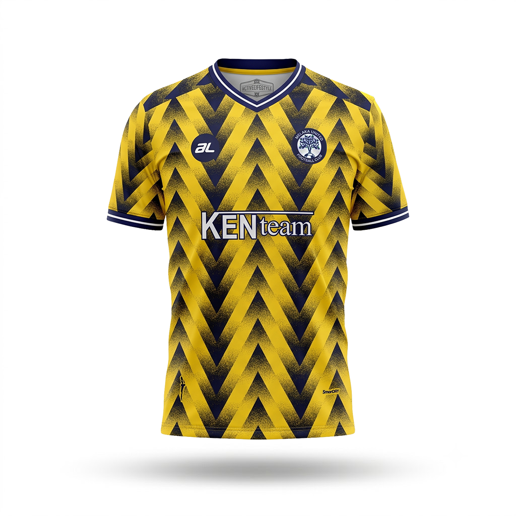 A yellow and black patterned soccer jersey with a V-neck, featuring a 'KEN team' sponsor logo on the chest, a circular club crest, and a stylized 'AL' logo on the right chest. The jersey is displayed on a clean white background with a soft drop shadow.