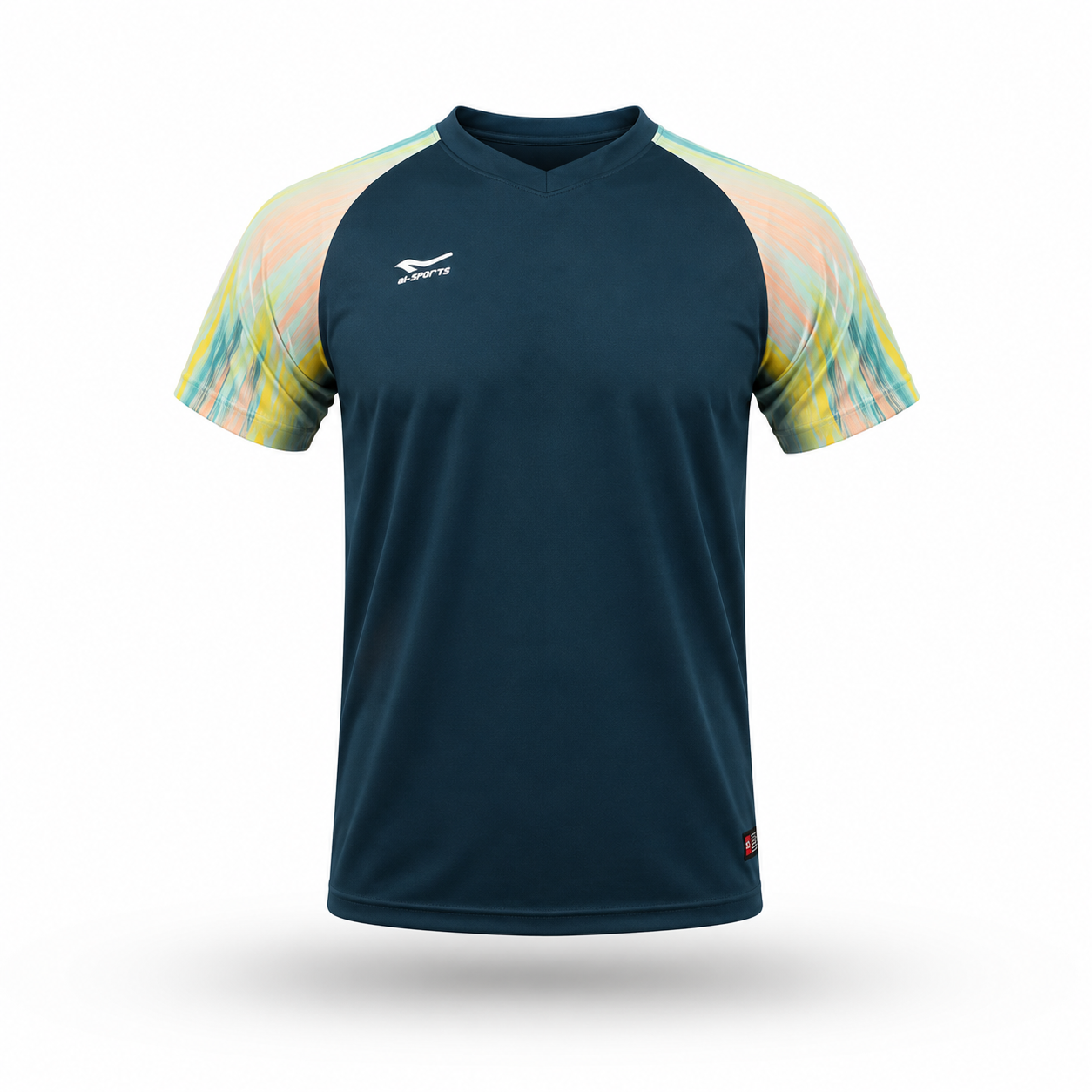 A short-sleeve athletic jersey in dark teal with a multicolor pastel abstract pattern on the sleeves, featuring a white logo on the left chest and a small red tag near the bottom hem.