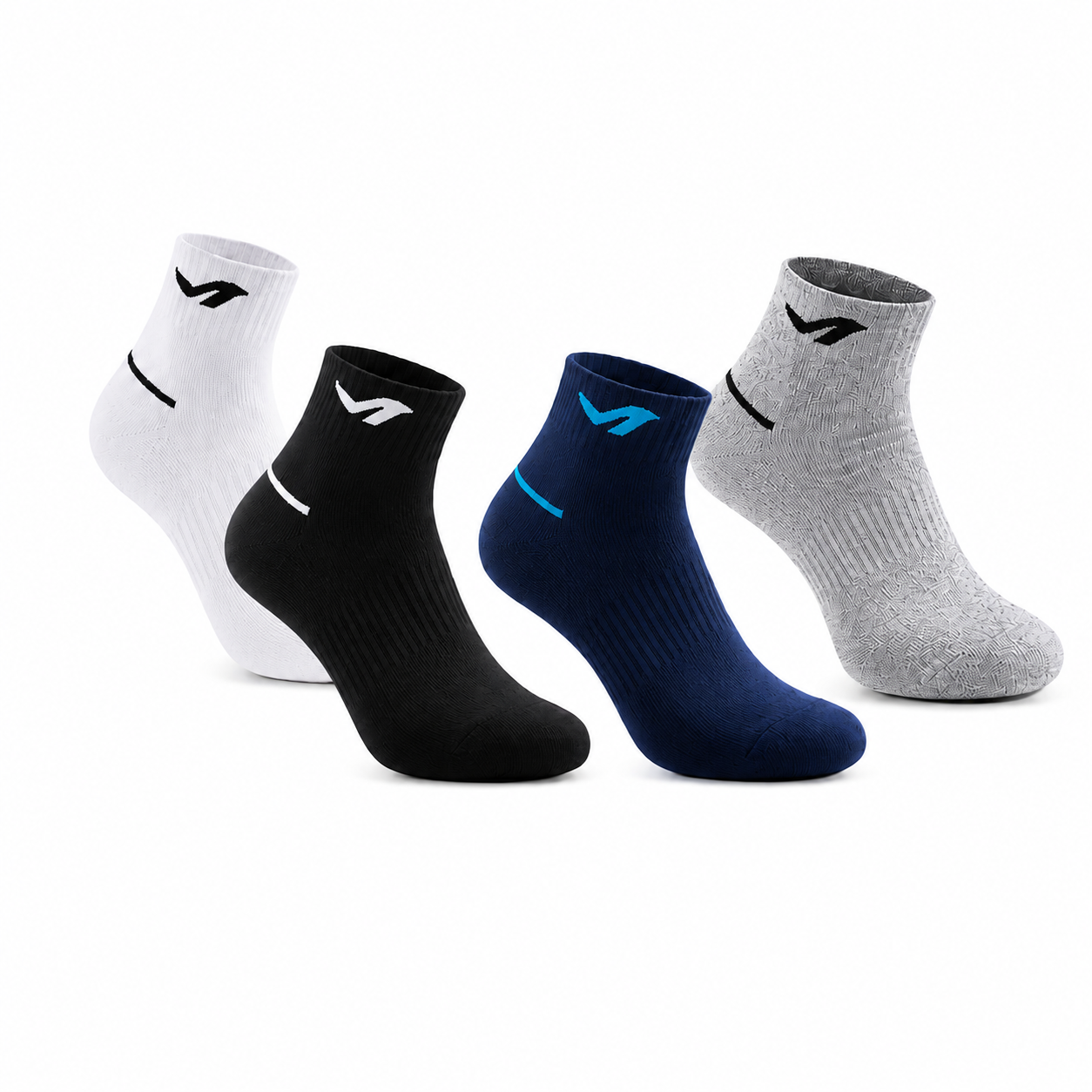 Four low-cut athletic socks arranged in a fan shape on a white background: white, black, navy blue, and heather gray. Each sock has a small stylized logo near the cuff.