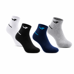 Four low-cut athletic socks arranged in a fan shape on a white background: white, black, navy blue, and heather gray. Each sock has a small stylized logo near the cuff.