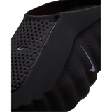 Close up of black Nike Mind 001 men slipper featuring perforated upper and Nike Swoosh logo
