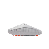 Side profile of grey Nike Mind 001 men slipper with orange sole details
