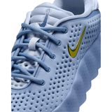 Close up of blue Nike Mind 002 men training shoe with perforated upper and metallic gold swoosh