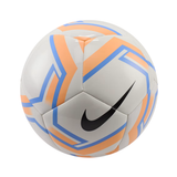A Nike soccer ball with a white base, decorated with orange and blue geometric patterns and a black Nike swoosh logo.