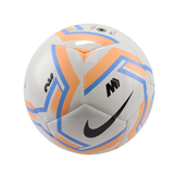 A Nike soccer ball with a white base and geometric patterns in orange and light blue, featuring a black Nike swoosh and 'M' logo.