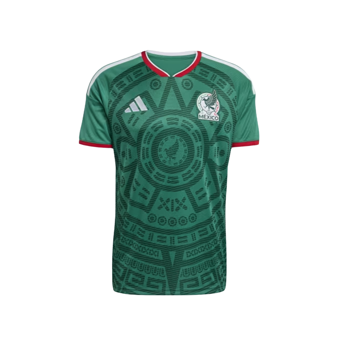 Green Mexico national football team jersey with a dark green Aztec calendar pattern, featuring the white Adidas logo and Mexican crest on the chest, set against a plain white background.