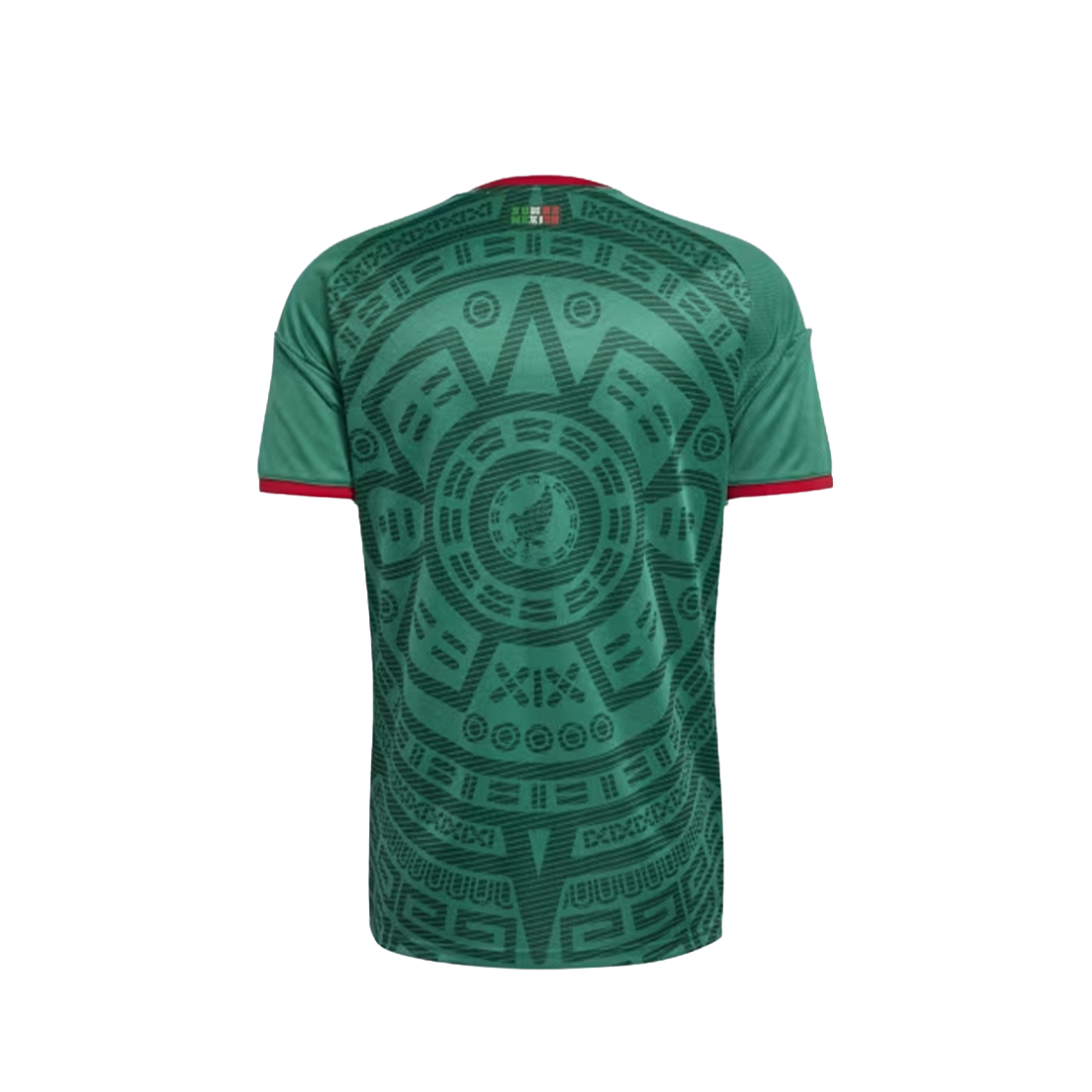Green short-sleeve athletic t-shirt with a large black Aztec calendar pattern on the back and red trim on the collar and sleeve cuffs, shown against a plain white background.