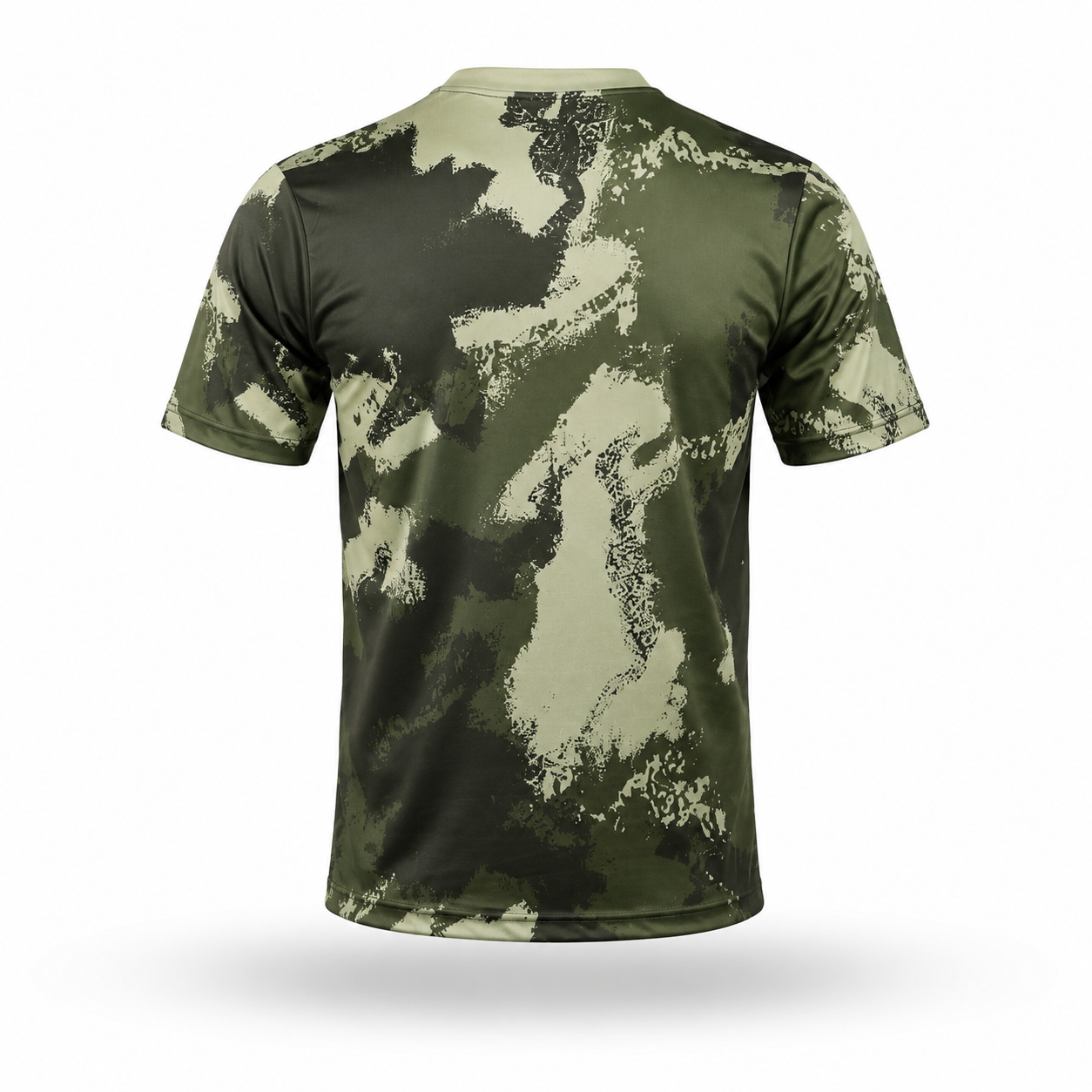 A short-sleeve crewneck t-shirt with a green and beige digital camouflage pattern, shown from the back on a white background.