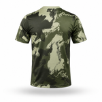 A short-sleeve crewneck t-shirt with a green and beige digital camouflage pattern, shown from the back on a white background.