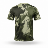 A short-sleeve crewneck t-shirt with a green and beige digital camouflage pattern, shown from the back on a white background.
