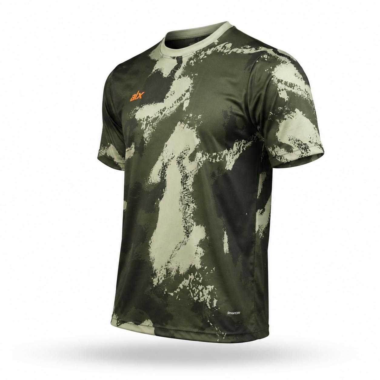 A short-sleeve athletic t-shirt with a dark olive green and beige abstract camouflage pattern, featuring a small orange logo on the left chest, shown against a plain white background.