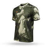 A short-sleeve athletic t-shirt with a dark olive green and beige abstract camouflage pattern, featuring a small orange logo on the left chest, shown against a plain white background.
