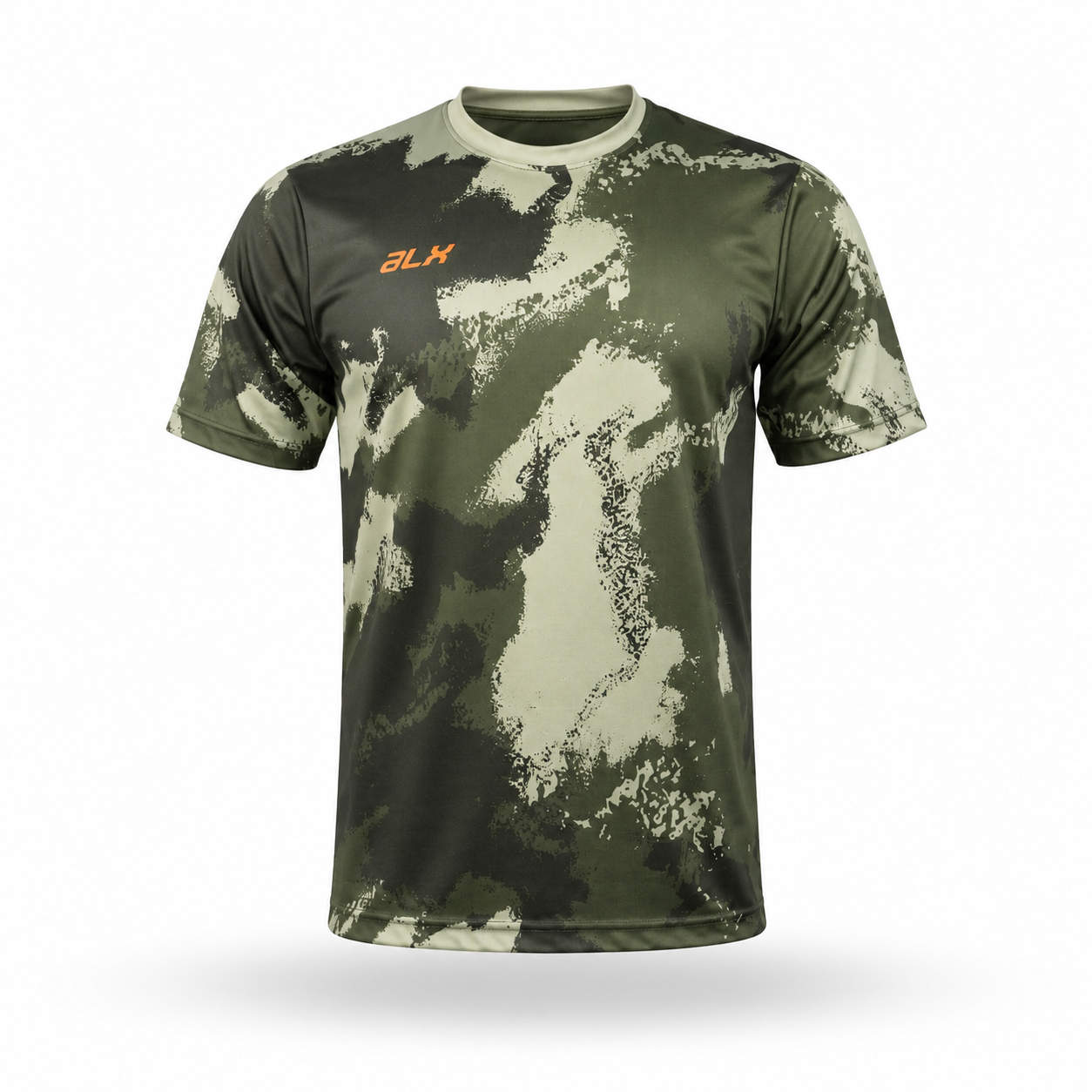 A short-sleeve athletic t-shirt featuring a green and beige camouflage pattern with a small orange 'ALX' logo on the left chest, displayed on a clean white background.