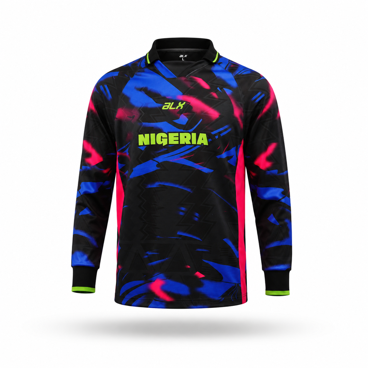 A long-sleeve athletic jersey with a black base featuring a vibrant blue and pink abstract pattern, with lime green accents on the collar, cuffs, and chest. The jersey displays 'ALX' and 'NIGERIA' in lime green text on the chest, set against a plain white background.