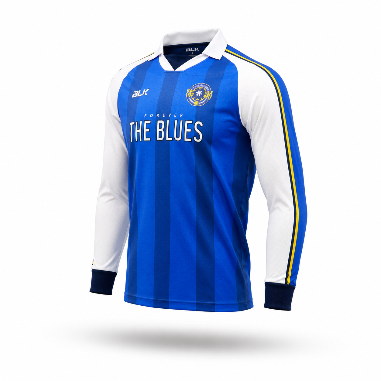 A long-sleeve soccer jersey with vertical blue stripes, white sleeves, and yellow and blue stripes on the shoulders. The jersey features 'THE BLUES' text on the chest, a crest on the left chest, and 'BLK' branding on the right chest.