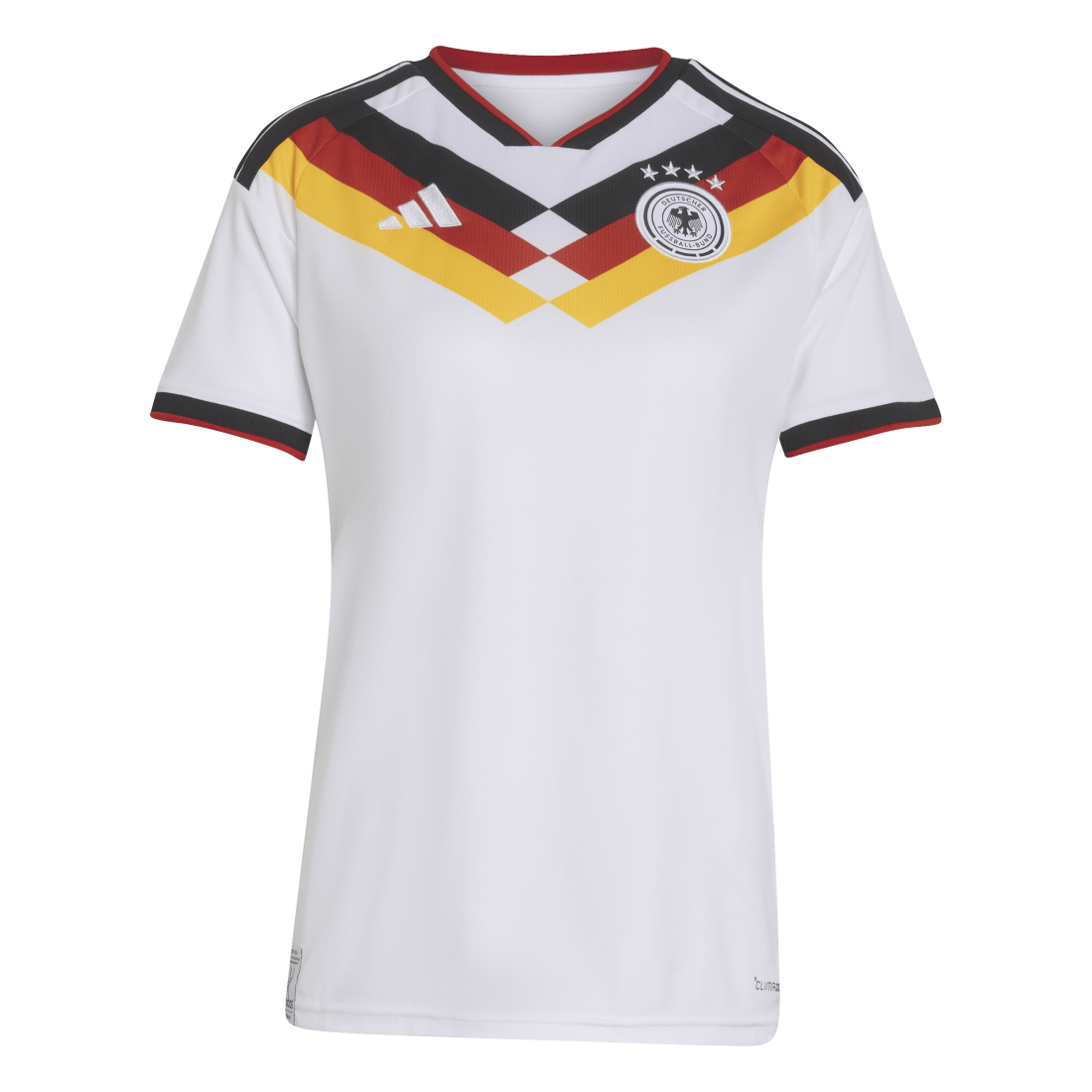 White sports jersey with red, yellow, and black design on a white background