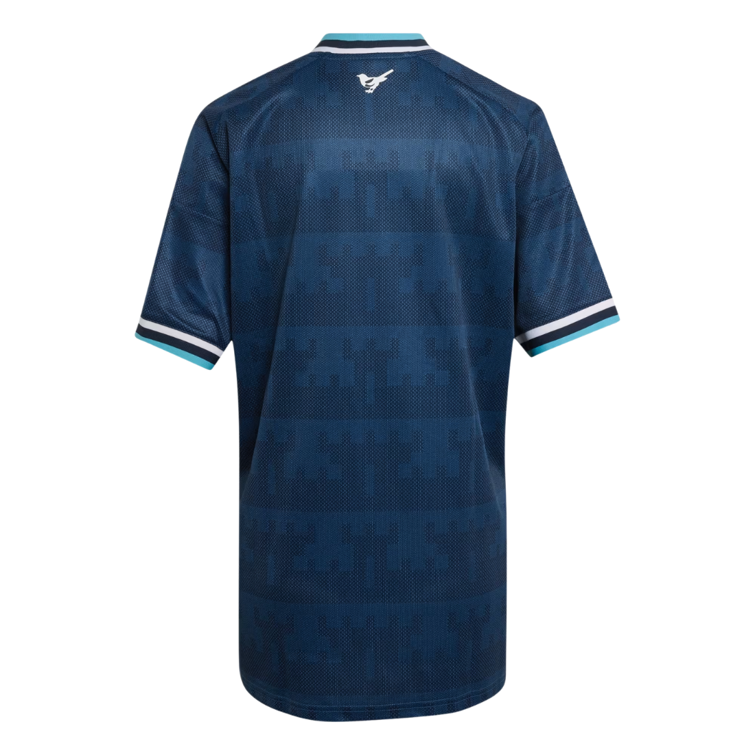 A dark blue short-sleeve athletic jersey with a subtle geometric pixelated pattern, featuring white and light blue striped trim on the collar and cuffs, and a small white logo on the back neck.