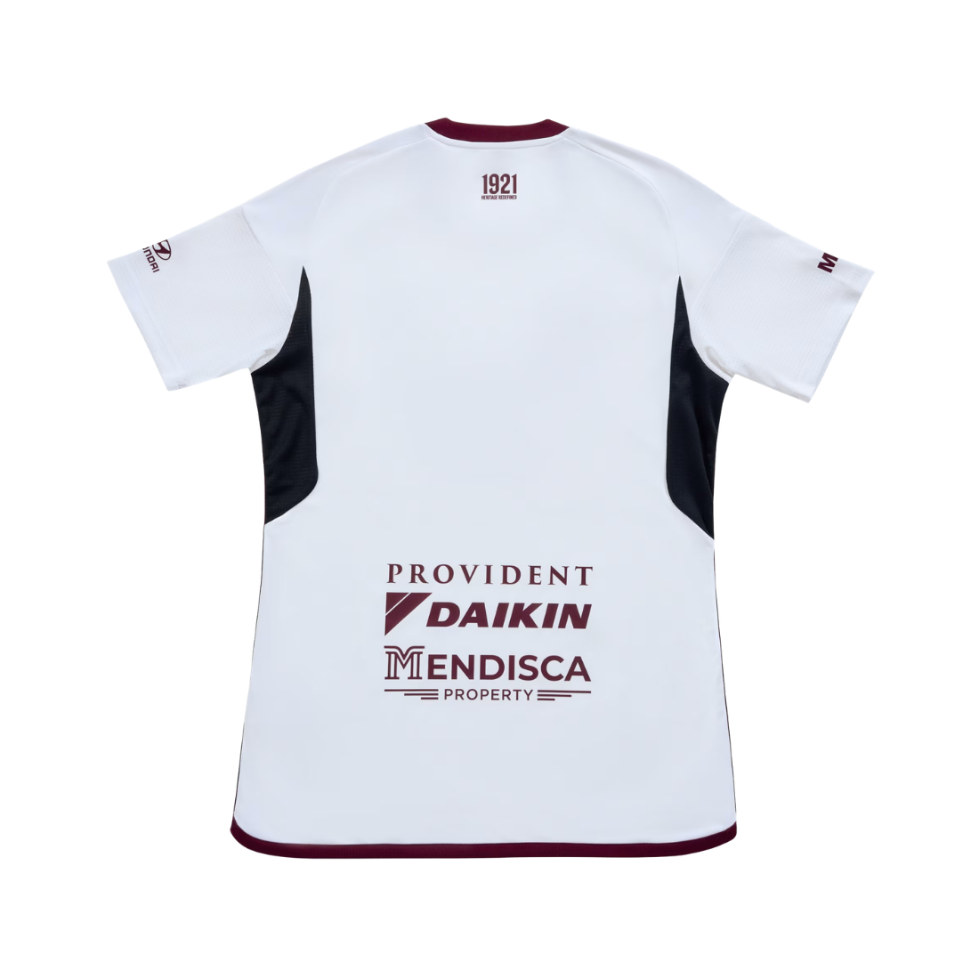White short-sleeve sports jersey shown from the back, featuring dark maroon trim, black side panels, and printed sponsor logos including PROVIDENT, DAIKIN, and MENDISCA.