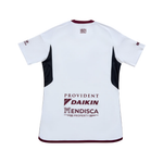 White short-sleeve sports jersey shown from the back, featuring dark maroon trim, black side panels, and printed sponsor logos including PROVIDENT, DAIKIN, and MENDISCA.
