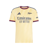 A pale yellow Arsenal home soccer jersey by Adidas, featuring the Emirates Fly Better sponsor logo on the chest, the club crest, and navy blue shoulder stripes with red trim.