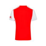 A red and white short-sleeve athletic jersey shown from the back, featuring white shoulder panels with thin red stripes and a red logo on the left sleeve, set against a plain white background.