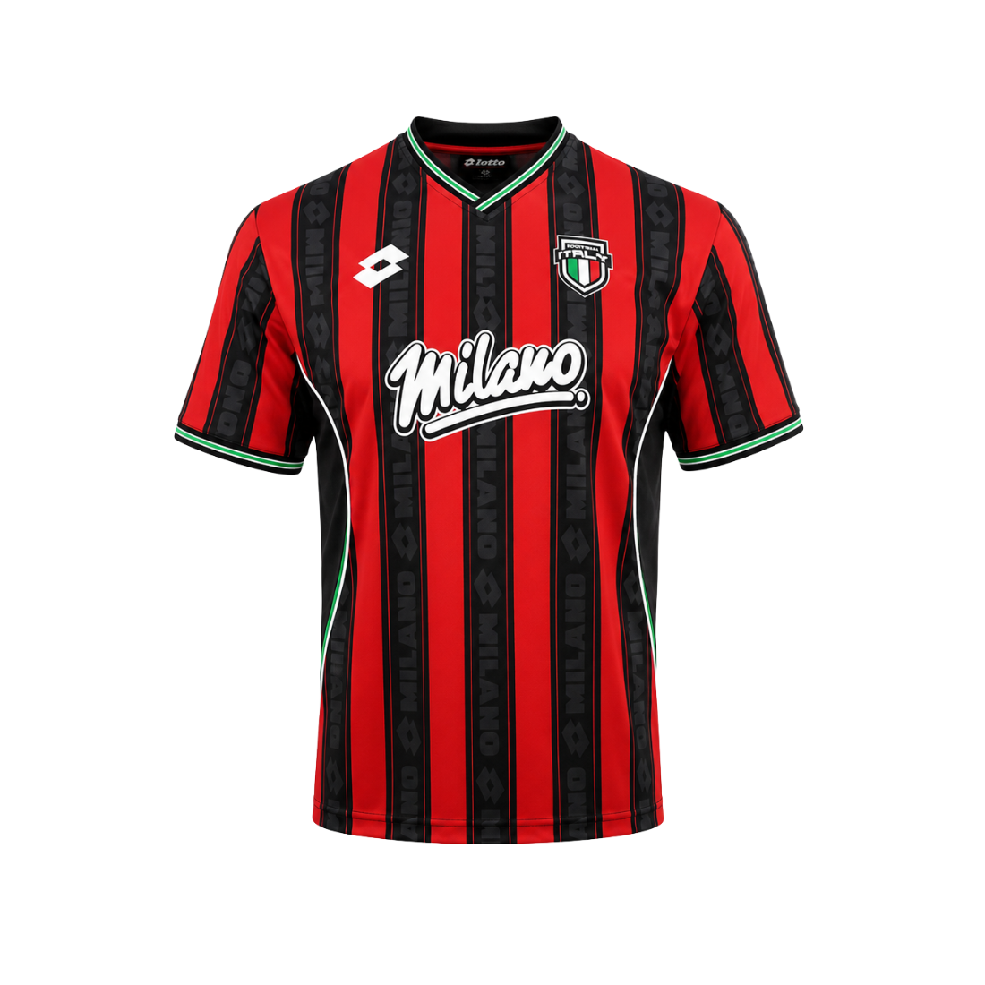 A retro-style soccer jersey with vertical red and black stripes, featuring the white 'Milano' sponsor logo on the chest, a white Lotto logo on the right, and an AC Milan crest on the left. The jersey has thin green piping along the collar and sleeve cuffs, set against a plain white background.
