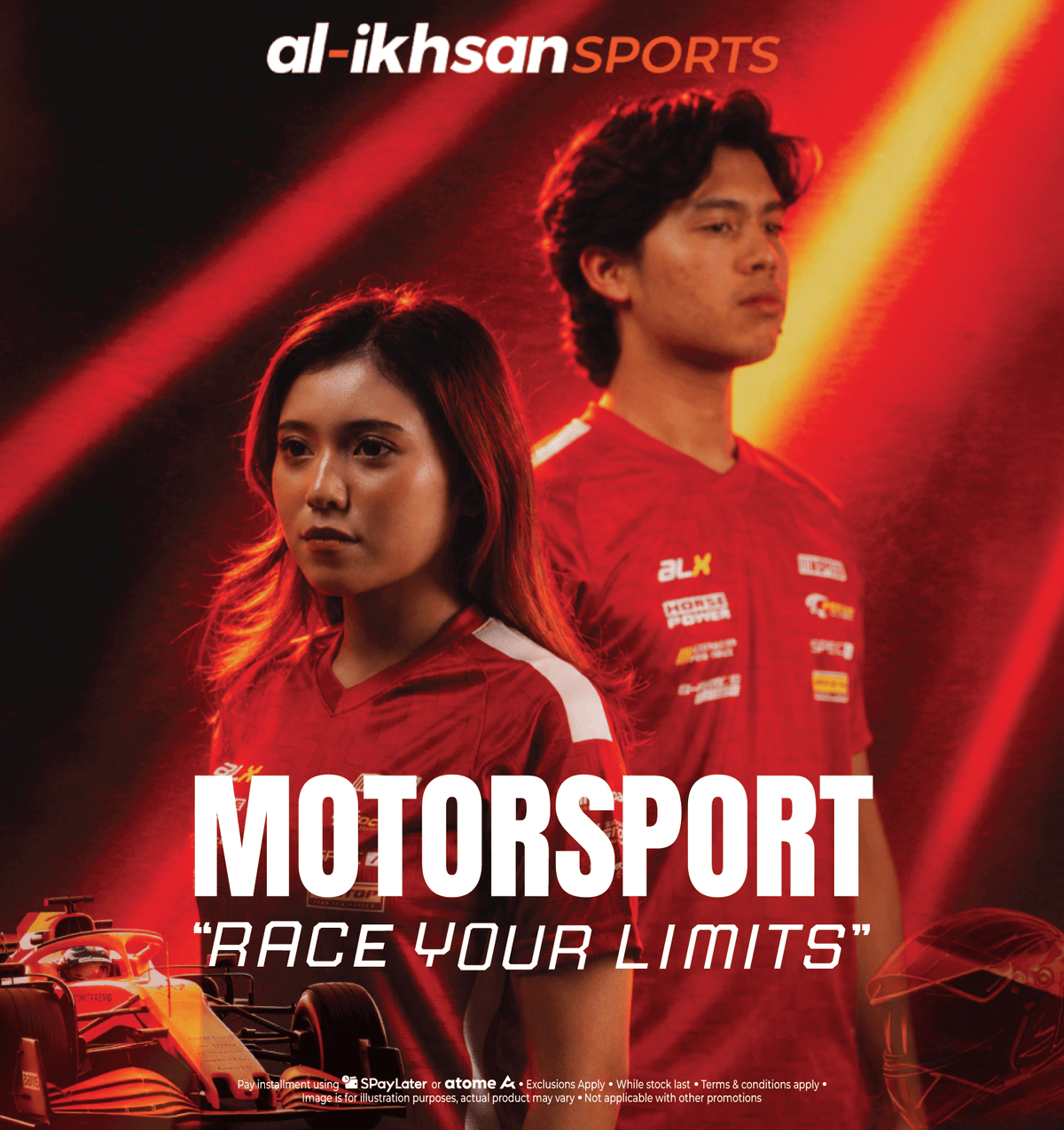 Al-Ikhsan Sports promotional graphic featuring two people in red motorsport jerseys with a race car and helmet