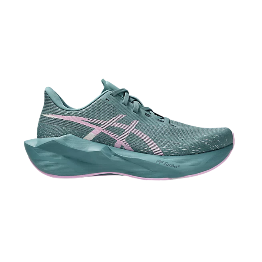 Green Teal Pink novablast 6 shoe on a white background