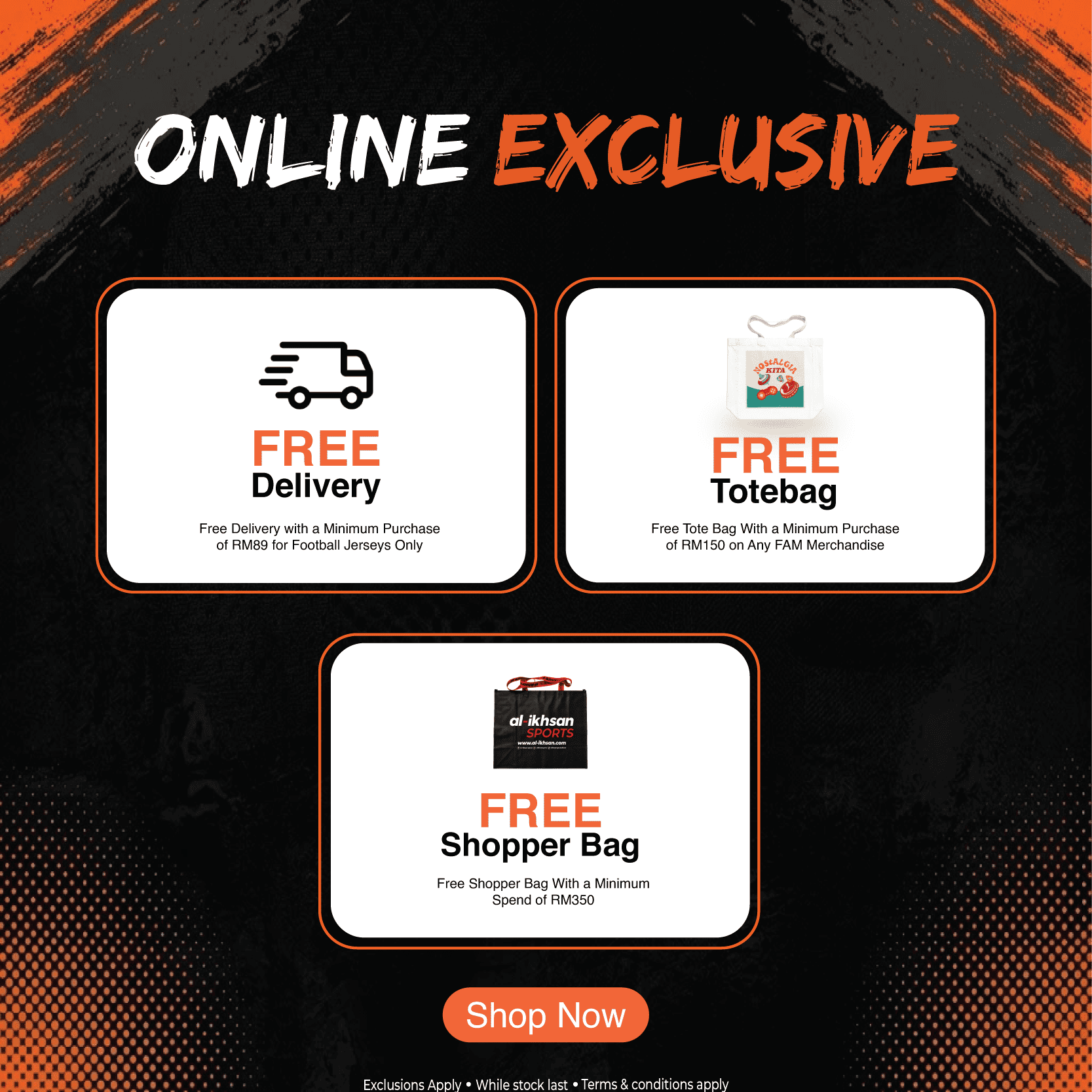 Online exclusive promotion showing free delivery, free tote bag, and free shopper bag offers from Al-Ikhsan Sports
