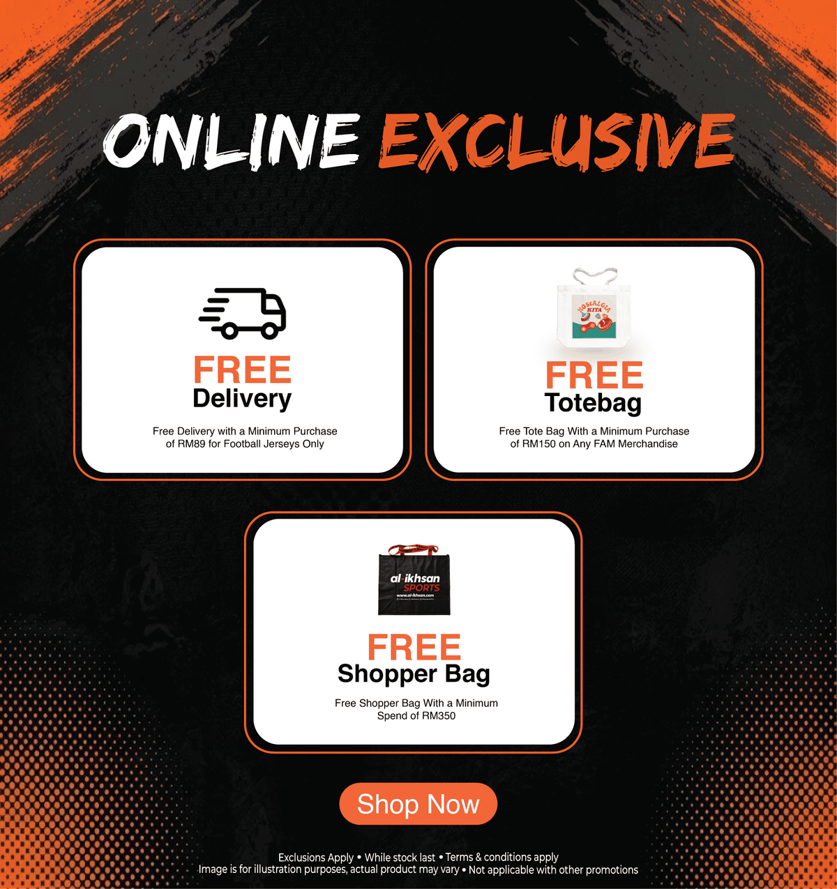 Online exclusive promotion showing free delivery, free tote bag, and free shopper bag offers from Al-Ikhsan Sports
