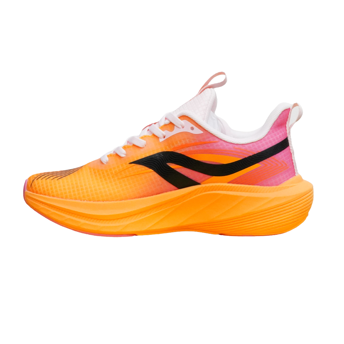A single athletic running shoe shown in a side profile on a plain white background. The upper is primarily bright orange with a pink-to-white gradient near the heel, a black side logo, white laces, and a thick orange sole.