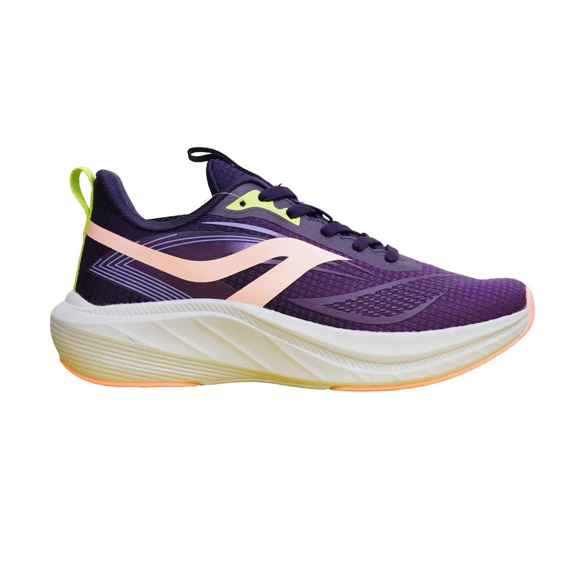 A purple running shoe with a thick white and orange sole, featuring a light pink side stripe and neon yellow-green accents, shown against a plain white background.
